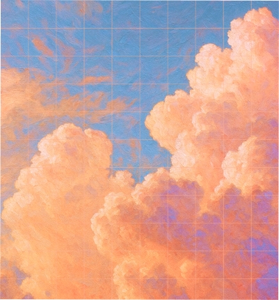 Oil painting of peach clouds against a blue sky with a grid overlay